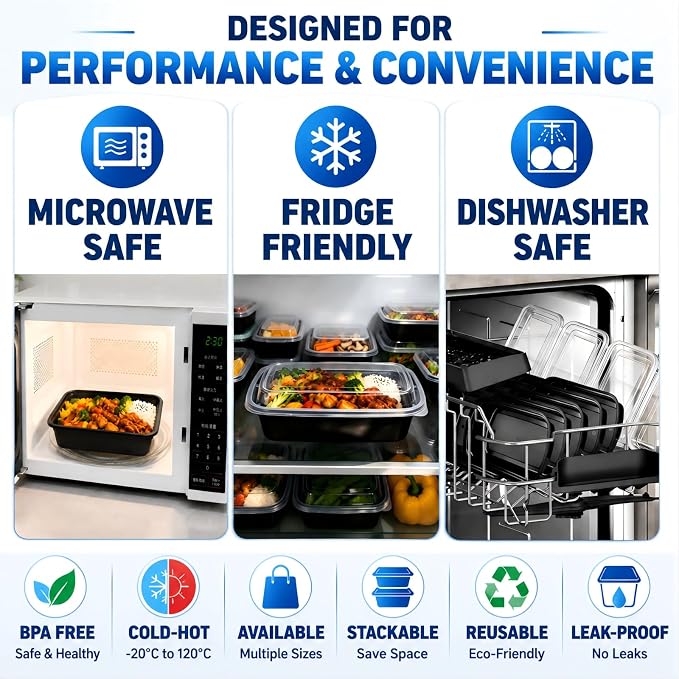 50 Pack 32 oz Meal Prep Containers Reusable BPA Free, Plastic Containers with Lids Microwave/Freezer/Dishwasher Safe, Disposable Food Storage Containers, To Go Containers Leakproof for Leftover