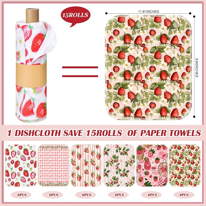 Reusable Kitchen Cloths Cotton Towel, 36 Pack, Strawberry | Washable 9.84x11.81in, Paperless Towel Rolls Bulk, Cleaning Cloth Napkins for Dishes