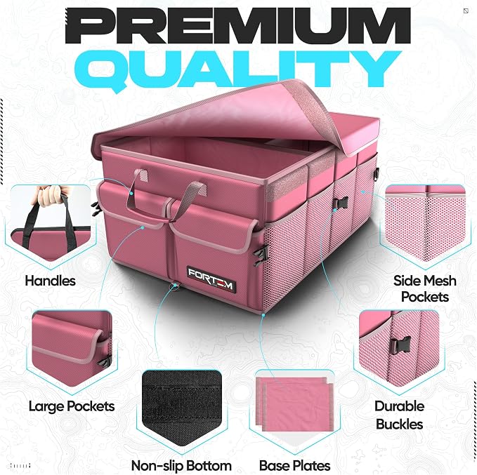 FORTEM Trunk Organizer - Foldable Car Organizer & Storage for SUVs & Trucks | Car Accessories for Men Women, Collapsible Bag, Non Slip Bottom, Straps, Soft Cover, 600D Oxford, Pink, 3 Compartments, 65L