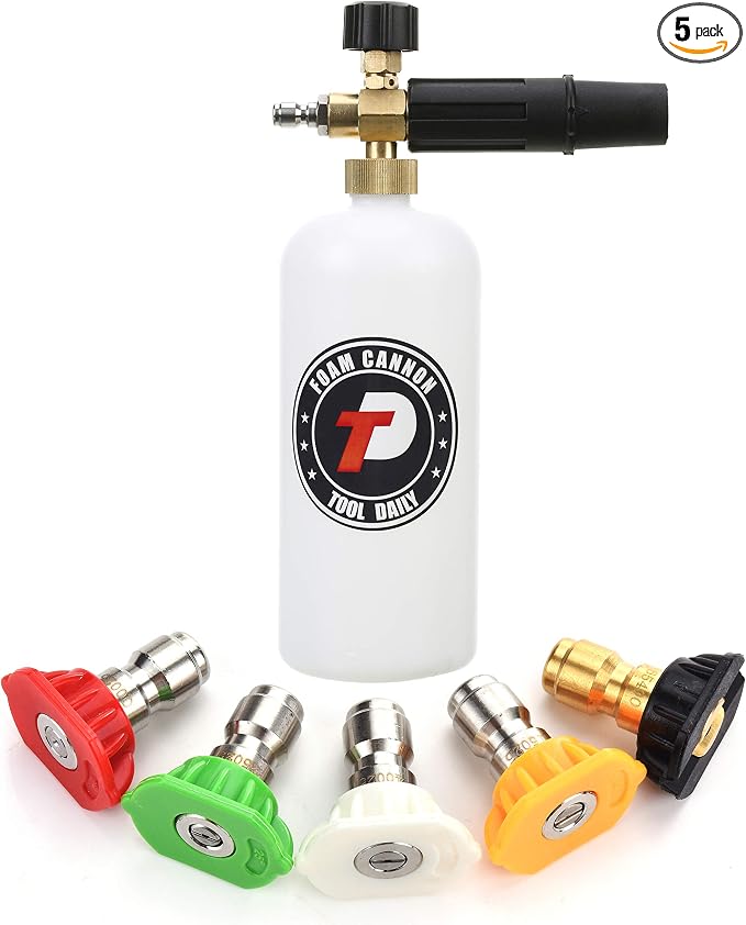 Tool Daily Foam Cannon with 1/4 Inch Quick Connector, 1 Liter, 5 Pressure Washer Nozzle Tips | Foam Cannon for Pressure Washer, 5 Power Washer Nozzle Tips Multiple Degrees for Car Washing
