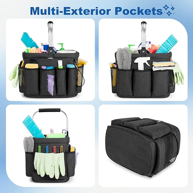 PGmoon Cleaning Caddy Organizer with Handle,Black | Cleaning Tote Bag with Multiple Pockets for Cleaning Supplies, Products Storage, Housekeepers, Kitchen Cleaning Supplies