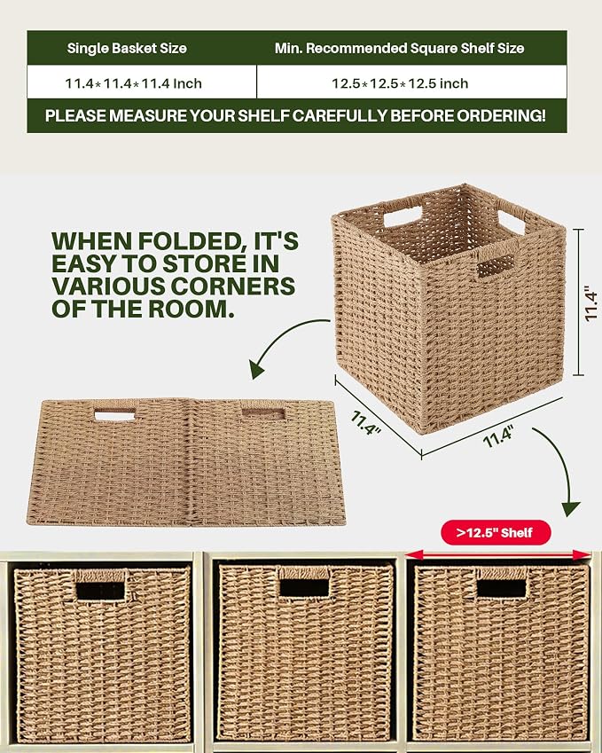 Paper Woven Foldable Storage Baskets 6 Pack, 11.4 Inch Cube Storage Bins, Handmade Paper Material Collapsible Organizer for Shelves & Home Organization, Ideal for Clothes Books Toys Snacks (Natural)