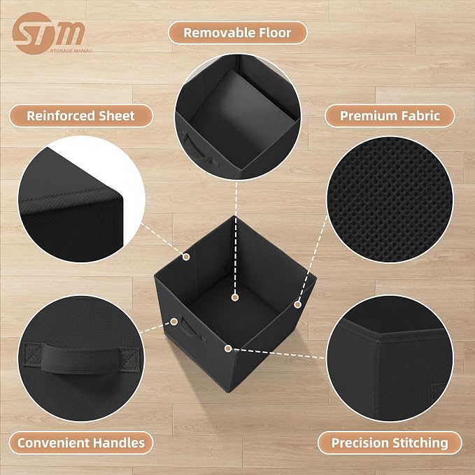 STORAGE MANIAC Storage Cubes, 13 Inch Collapsible Storage Bins with Handles, 6 Pack Fabric Foldable Bins for Organization, Durable Storage Bins for Closet, Shelves, Offices, 6-Pack Black