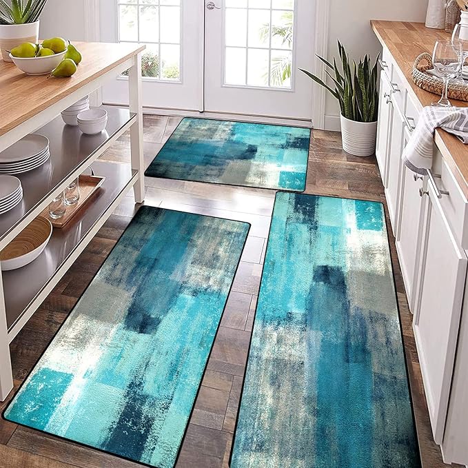 TOMWISH Teal Grey Abstract Art Kitchen Mat Turquoise Kitchen Rugs Sets 3PCS | 20"X32"+20"X48"+20"X59"Kitchen Mats for Floor Washable Non-Slip Kitchen Floor Mats Decor Dining Room Office