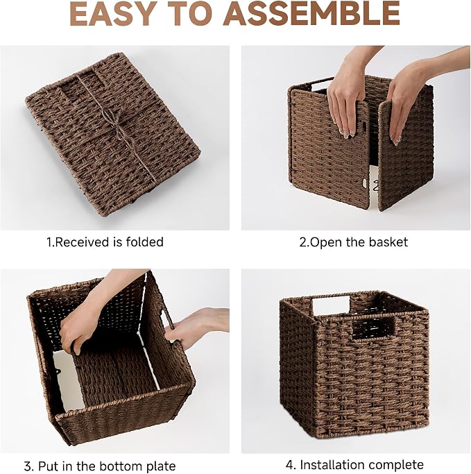 StorageWorks 9 inch Cube Storage Bins, Wicker Baskets for Storage, Brown | 2-Pack, Handwoven Wicker Storage Cubes,Paper Rope Square Cube Organizer Bins,Foldable,Baskets for Organizing,9x9 Storage Cube