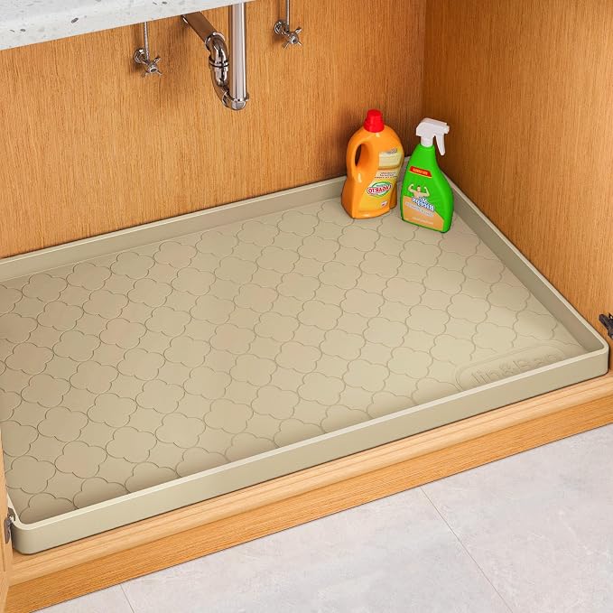 Jin&Bao Under Sink Mat 25" x 19" Waterproof Silicone Cabinet Kitchen Liner | Silicone kitchen cabinet protector, bathroom shelf liner, raised edge traps leaks, anti-slip, easy to clean & dishwasher safe