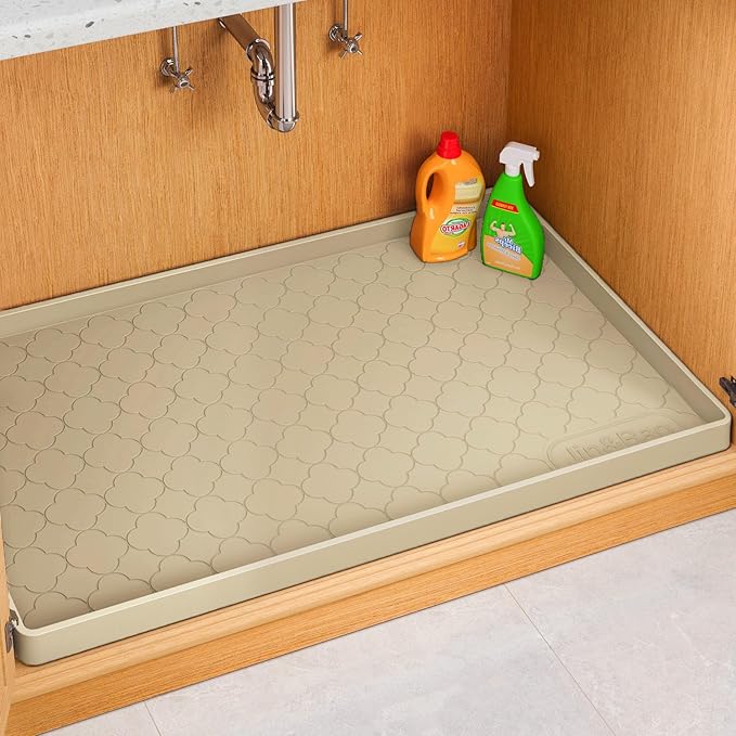 Jin&Bao Under Sink Mat 22" x 19" Waterproof Silicone Cabinet Kitchen Liner | Silicone kitchen cabinet protector, bathroom shelf liner, raised edge traps leaks, anti-slip, easy to clean & dishwasher safe