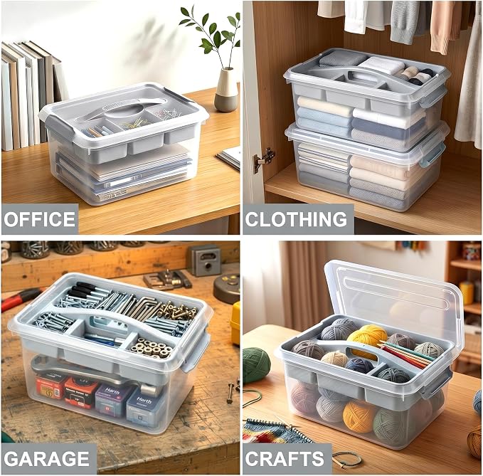 Yesland Portable Craft Storage Box with Removable Tray and Handle, 16x11x6.5 Inch Plastic Art Supply Organizer Container for Stationery, Sewing, Jewelry - Grey