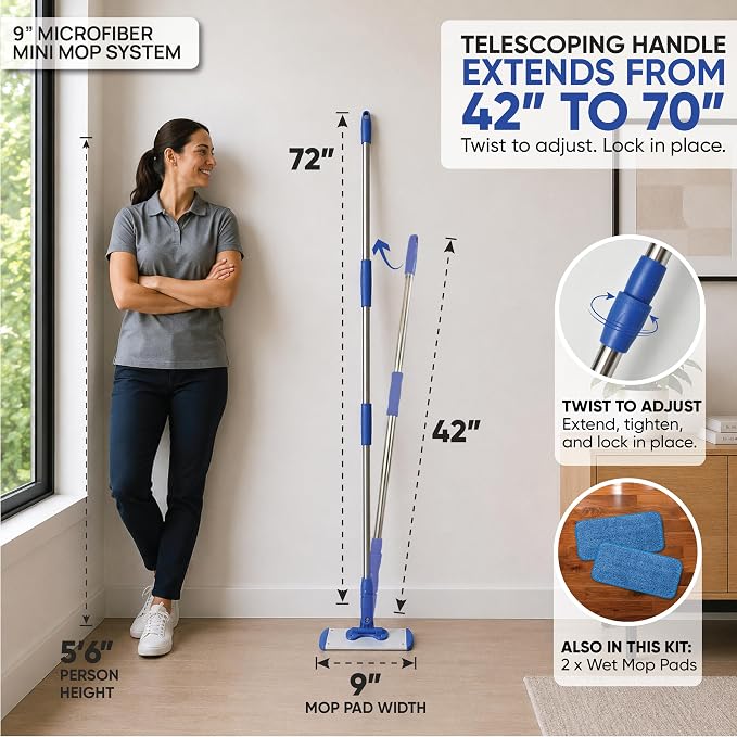 9" Mini Microfiber Mop System for Tight Spaces & Walls | Flat Floor Mop | Adjustable Stainless Steel Handle | 360° Swivel | 2 Washable Microfiber Pads | Hardwood, Tile, Vinyl