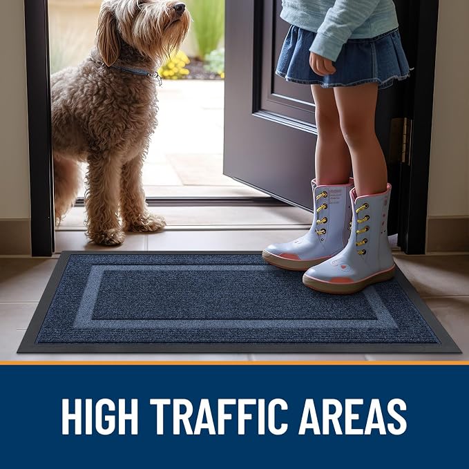 OLANLY Front Door Mat Outside 29.5x17, All-Season Heavy-Duty Rubber Doormat | Blue, Absorbent, Stain and Fade Resistant, Waterproof Non-Slip Backing, Low-Profile Indoor Outdoor Floor Mat for Entryway