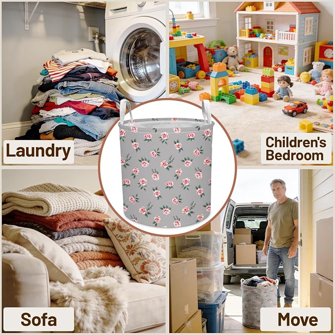 Pink Rose Kids Laundry Basket Foldable Hamper with Handles | Laundry Hamper Cute Nursery Storage Bin Baby Hamper for Girls Boys Bedroom Dorm Laundry Room Collapsible Toy Organizer