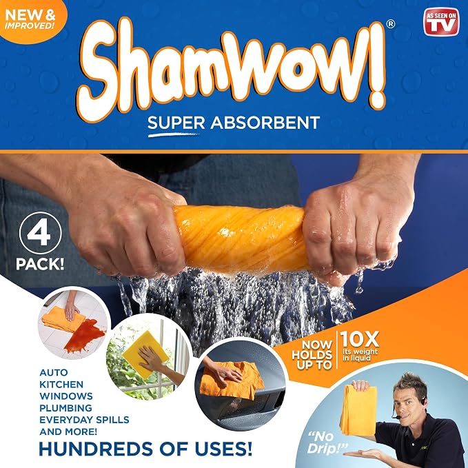 ShamWow Shammy Cloth 4-Pack, 20"x24", Super Absorbent Chamois Towel | Super Large, Lint-Free & Scratch-Free, Holds 10x Its Weight