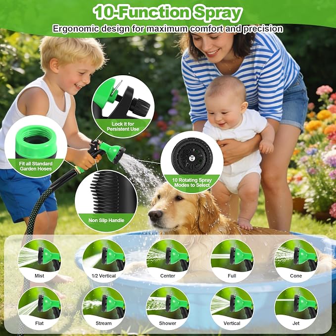 Garden Hose 100ft, Non-Expanding Flexible Hose, Lightweight | Kink Free, Sturdy, Leak-Proof, Portable, Water Hose with 10 Function Nozzle for Outdoor, Yard, Lawn, Car Wash and Camper Use