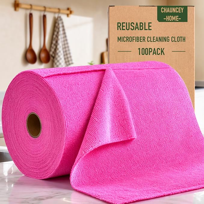 Microfiber Cleaning Cloth Roll - 100 Pack Tear Away Microfiber Paper Towels, Reusable, Washable, Scratch-Free, Kitchen Towels for Car, Home, Kitchen, Glass, Dishes (Hot Pink)