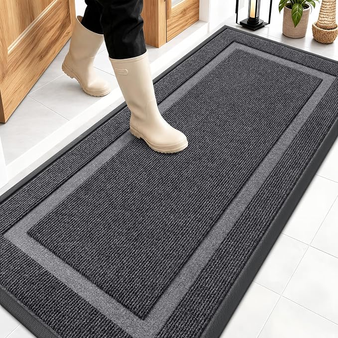 OLANLY Front Door Mat Outside 59x23, All-Season Heavy-Duty Rubber Doormat | Grey, Absorbent, Stain and Fade Resistant, Waterproof Non-Slip Backing, Low-Profile Indoor Outdoor Floor Mat for Entryway