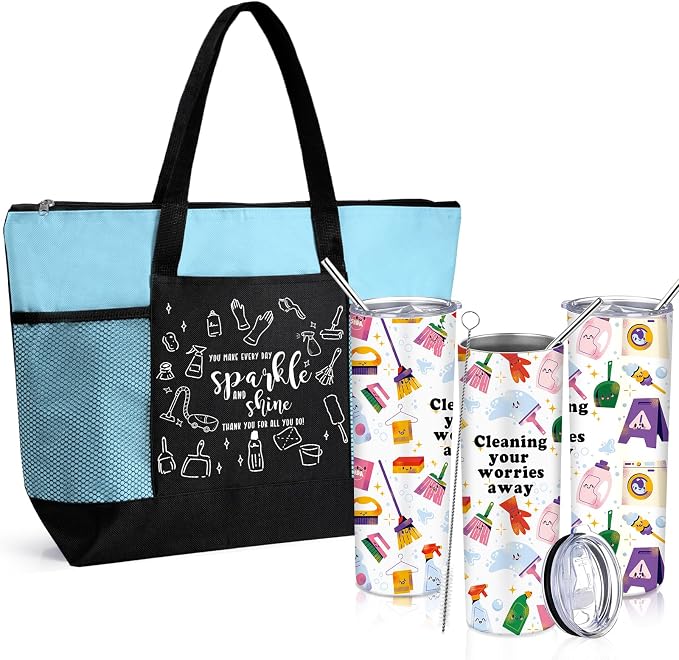 Sieral Housekeeping EVS Week Appreciation Gift, Housekeeper, Sky Blue | Insulated Tumbler 20oz & Large Tote Bag Set for Women Custodian School Healthcare Cleaning Crew House Cleaner Maid Janitor