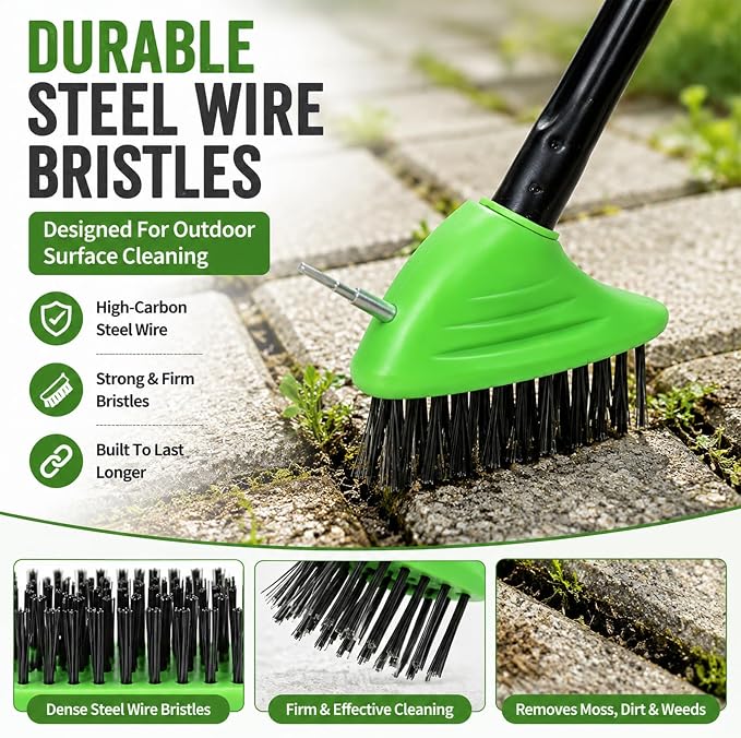 3-in-1 Weed Brush Combo Set with Long Handle, Deck Scrub Brush for Patio, Driveway & Walkway, Crack Cleaning Brush with Wire Bristles and Hook Tool for Pavers, Stone Joints Outdoor (Green)
