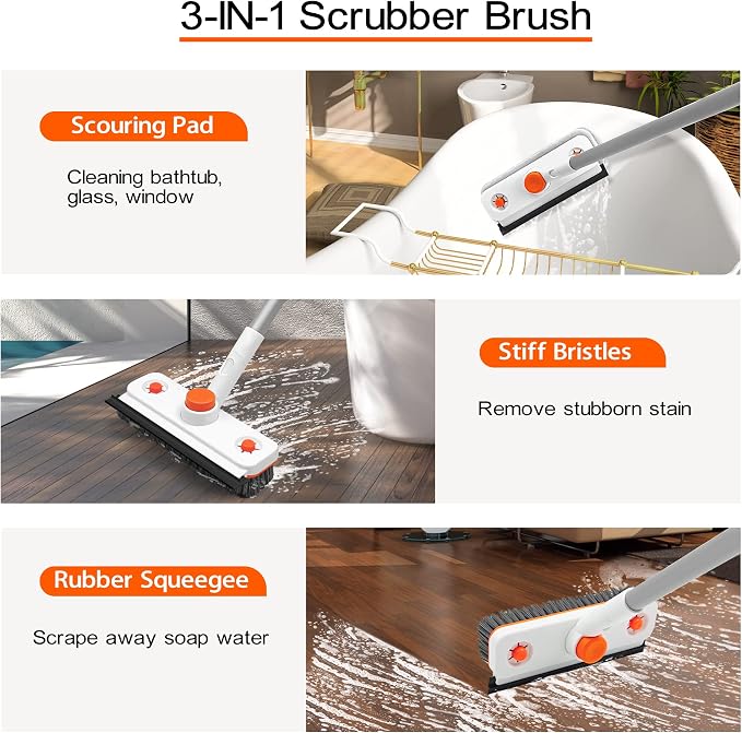Floor Scrub Brush with Long Handle, 3-in-1 Rotating Scrubber with Squeegee | 60" Telescopic Floor Scrubber with 2 Detachable Heads for Cleaning Shower Bathroom Kitchen Deck Bathtub Tile Patio Garage