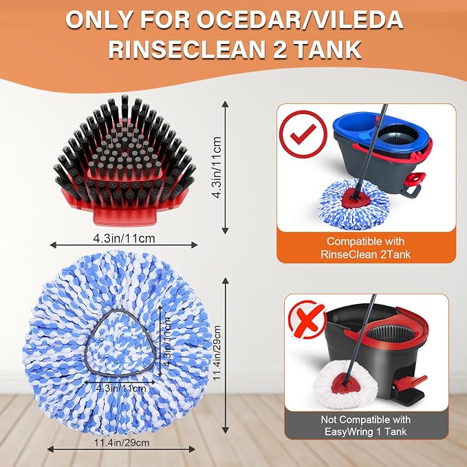 5 Pack Spin Mop Replacement for O Cedar RinseClean System-4 Heads +1 Brush | Upgrade Dual-Bristle Scrub Brush, Soft Inner & Stiff Outer,20° Angled for Corners,100% Microfiber Refill,Reusable & Washable