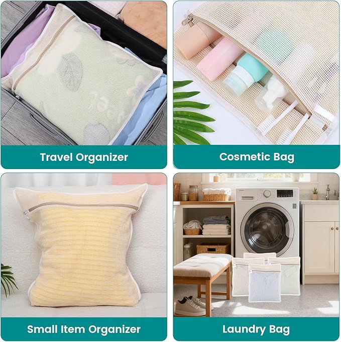 4 Pack Durable Cotton Mesh Laundry Bags for Delicates - 20×24inch Laundry Bags Mesh Wash Bags with Sturdy Zipper for Underwear Bras Socks Clothes Storage Natural Cotton Washing Machine Safe