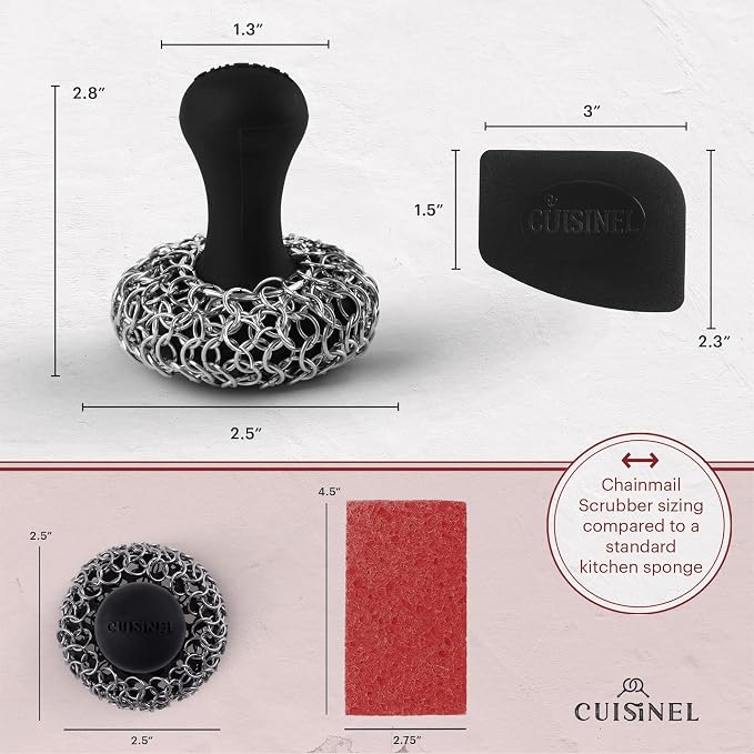 Cuisinel Cast Iron Chainmail Scrubber + Pan Scraper - Ergonomic Design Stainless/Silicone Cleaner for Pots & Skillets - Easy to Clean, Dishwasher Safe, Cookware Sponge Accessory