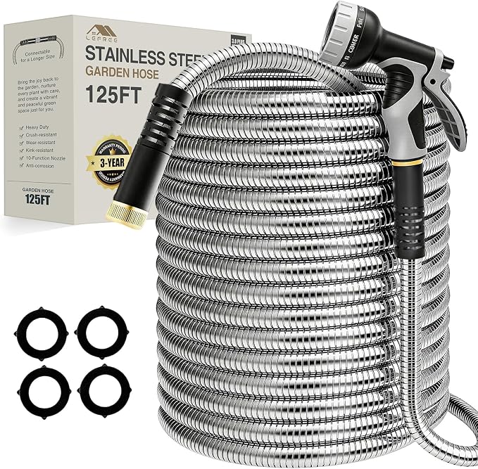 Lefree 125ft Stainless Steel Garden Hose | No Kink Leak Proof Dog Chew Proof with Upgraded Rubber Sleeve & 10 Function Spray Nozzle for Large Yard Gardening RV Pet Bath