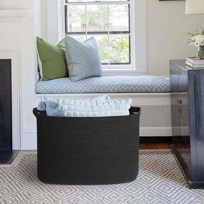 MEGASKET 108L Extra Large Storage Basket, 25" x 16" x 16" Black Blanket Basket Living Room, Oversized Cotton Rope Blanket Storage, Woven Kids Dog Toy Bin Box Organizer, Laundry Shoes Towel Bin, Black