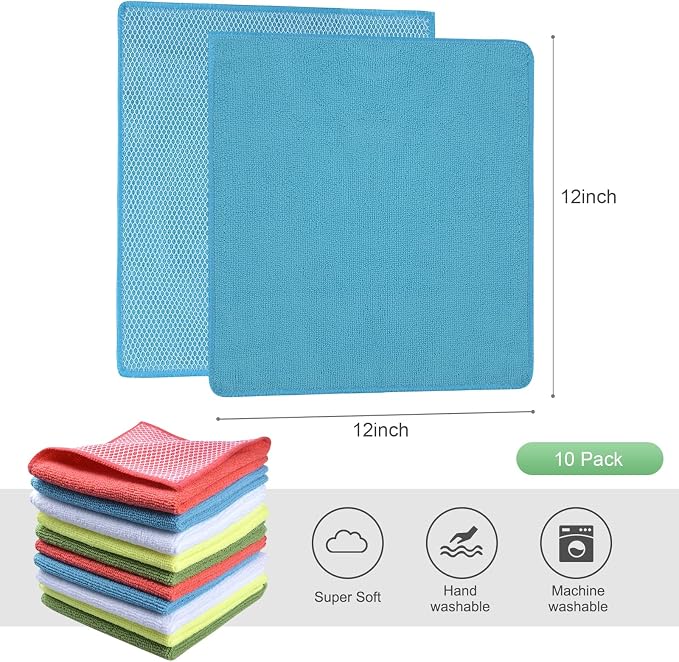 Dish Cloth for Washing Dishes Kitchen Washcloth Cleaning Cloth | 12x12inch 10pack Kitchen Towels Rags, Microfiber Cleaning Cloths, Wash Cloths with Poly Scour Side,Wholesale, Assorted