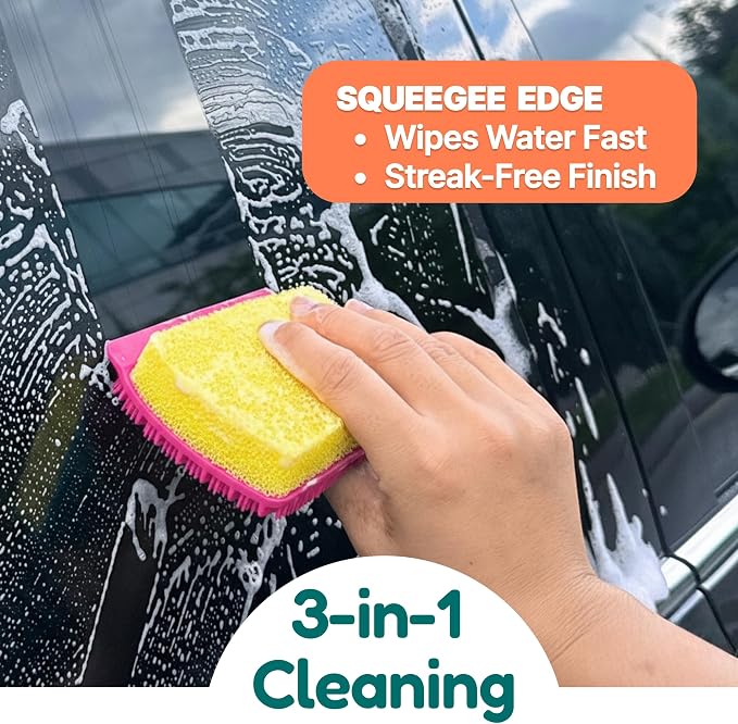 3-in-1 Silicone Scrubber Sponge with Squeegee – Non-Scratch Kitchen Sponge for Dishes, Sink & Bathroom, Quick-Dry, Reusable Cleaning Tool (Pink+Yellow)