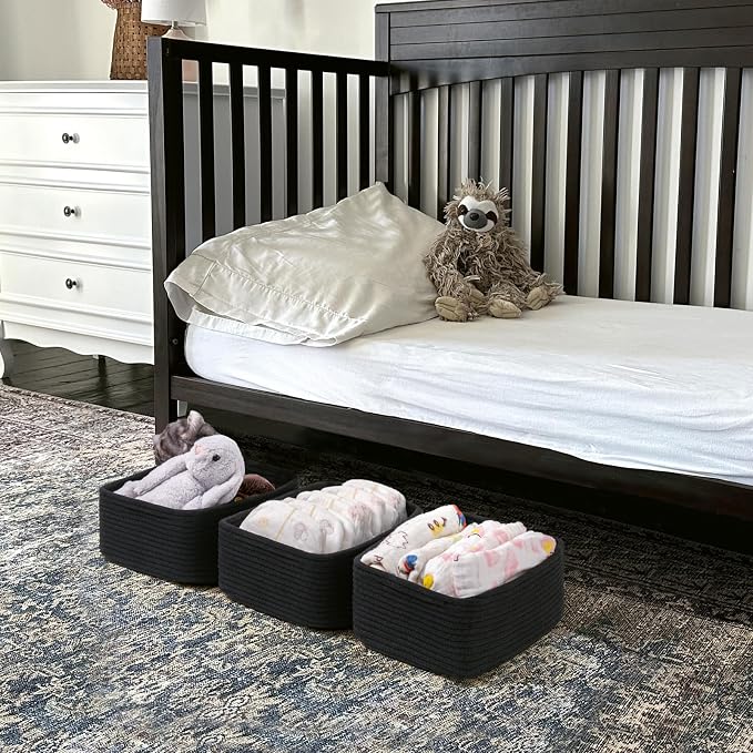 Goodpick 3-Pack Boo Storage Baskets for Closet Organizing, 13 x 8 x 5 in | Woven Baskets for Shelves Fit Bedroom Lving Room, Rope Baskets for Gift Empty, Dog Toy Basket for Pets, Black