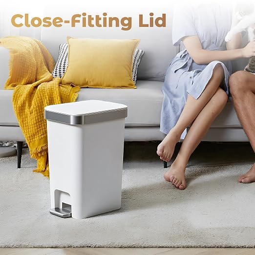 Small Bathroom Trash Can with Lid,2.6 Gallon Step Pedal Wastebasket | Plastic Garbage Can with Pop-Up Lid and foot pedal,Dorm Trash Can,White Trash Bin for Bedroom,Office,Laundry,Toilet,Rv