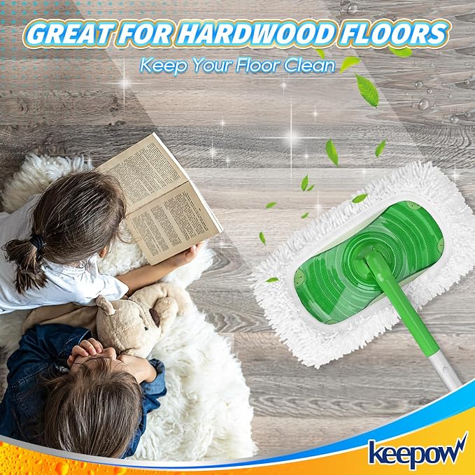 KEEPOW 6 Pack Reusable Microfiber Mop Pads Compatible with Swiffer Sweeper | Chenille, Multi-Color (2 White, 2 Green, 2 Blue) Dry Wet Mopping Refills, Bonus Laundry Bag