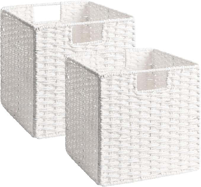 StorageWorks 11 inch Cube Storage Bin, White Storage Cubes, Wicker Baskets | 2-Pack, Handwoven Paper Rope White Wicker Baskets, Wicker Storage Cubes with Handles, Foldable Square Baskets for Organizing