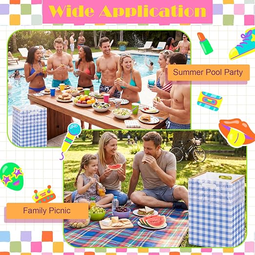 Hushee 4 Pcs 13 Gallon Blue Plaid Disposable Pop up Trash Cans for Parties | Cardboard Garbage Can with Handles, Trash Bags, Clip, Collapsible Trash Cans, Portable Gingham Trashs Bins for Event, Kitchen