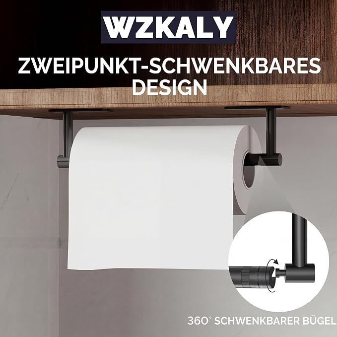 Matte Black Paper Towel Holder Under Cabinet Self Adhesive | 304 Stainless Steel Post Pivoting Design Wall Mounted & No Drilling for Kitchen Waterproof & Rustproof, Square Base