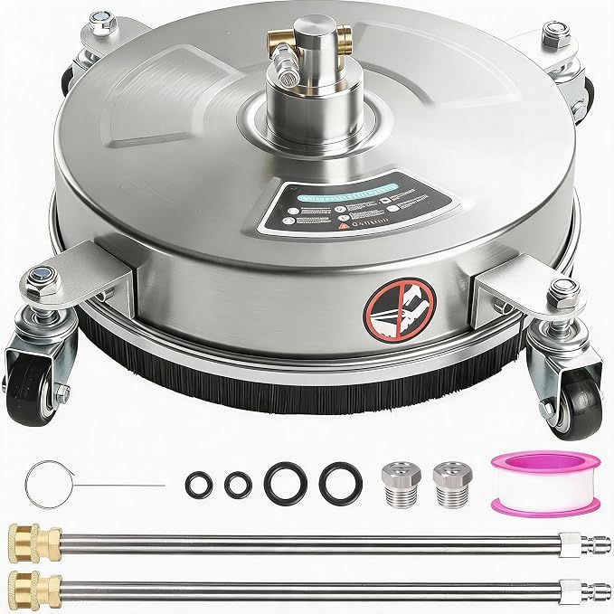 16.5" Pressure Washer Surface Cleaner, 4000 PSI Stainless Steel Power Washer Attachment with 4 Wheels and 2 Extension Wands, 1/4" Quick Connect for Cleaning Driveways, Concrete