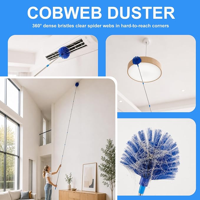 Cobweb Duster with 2-14 ft Extension Pole, Spider Web Brush, Microfiber Feather Long Handle Duster for High Ceilings, Fan, Furniture, Home