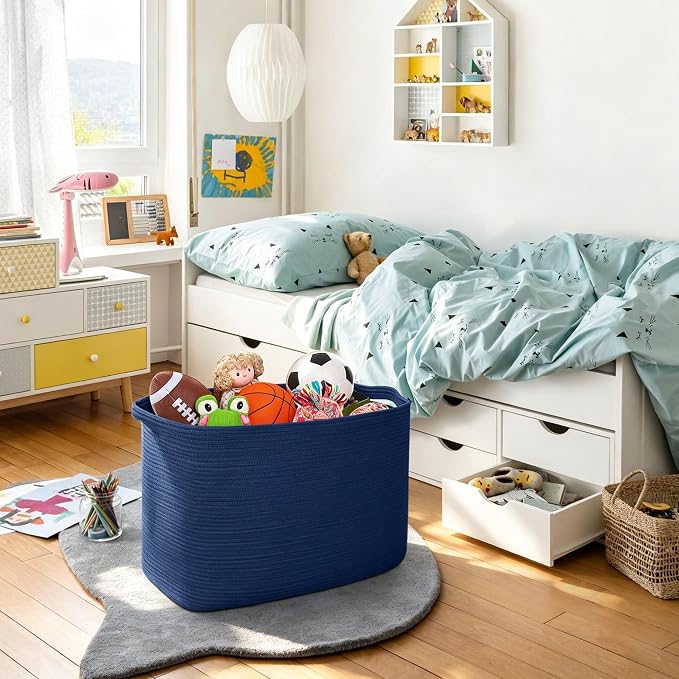 MEGASKET 108L Extra Large Storage Basket, 25"x16"x16" Blue Blanket Basket Living Room, Oversized Cotton Rope Blanket Storage, XXXL Woven Kids Dog Toy Bin Box, Jumbo Laundry Shoes Towel Bin, Navy Blue