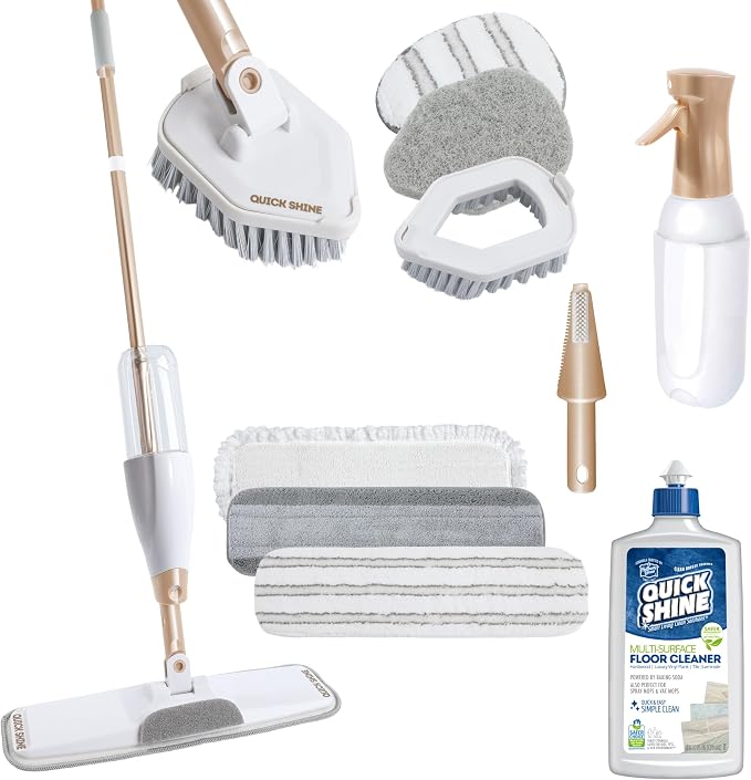 Quick Shine Multi-Action 11 Piece Interchangeable Spray Mop Kit w/Cleaner | Ultimate Gold All-In-One Pro Cleaning System, Lightweight Mop w/ Assorted Microfiber Pads & Triangular Attachmets