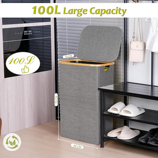 efluky Recycling Bin Holder 100L, 26 Gallon Trash Can with Lid, Garbage Bag Holder for Yellow Bags, Easy Removal, (Inner Bag Not Included) -Grey