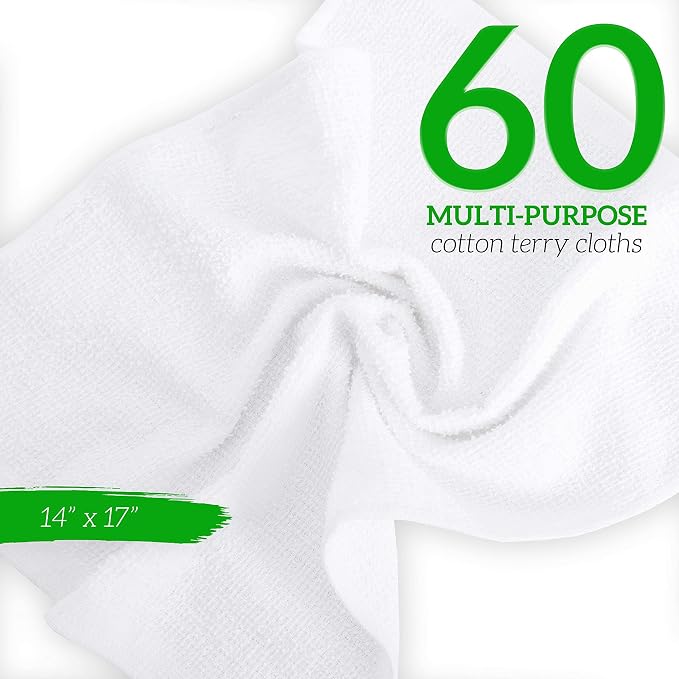 GREEN LIFESTYLE Terry Towels 14" x 17" 60 Pack - Cotton Bar Towels, Cleaning Rags, White Terry Cloth Towels, Absorbent Kitchen Towels for Restaurant, Food Service and Home Use (Blue & Orange Stripe)