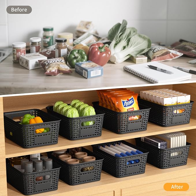 8 Pack Plastic Storage Baskets,Black Stackable Storage Bins | 5.3qt Storage Containers with Labels for Organizing Shelves Drawers Desktop Closet Playroom Classroom Office
