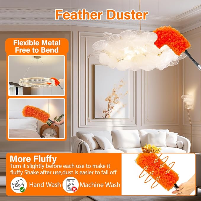 26FT High Reach Duster Cleaning Kit with 5-20 FT Extension Pole | High Ceiling Dust and Window Clean Kit with Microfiber Feather Duster,Cobweb Duster,Ceiling Fan Duster,Window Squeegee Clean