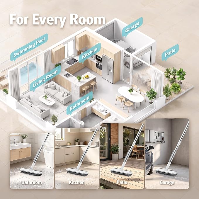 AIR U+ Floor Scrub Brush with Long Handle, 4 in 1 Floor Scrubber & Squeegee | Small Scrubber with Stiff Dual-Sided Bristles and Rotating Head for Shower, Bathroom, Bathtub, Kitchen and Patio, White