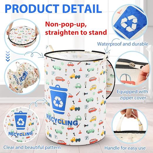 Jingmore 1 Pcs 30 Gallon Collapsible Trash Can Portable Reusable with Zippered Lid Garbage Can for Camping Parties Outdoor RV's Recycling, Yard Waste, Leaf Bag, Children Toy(Recycling Style)