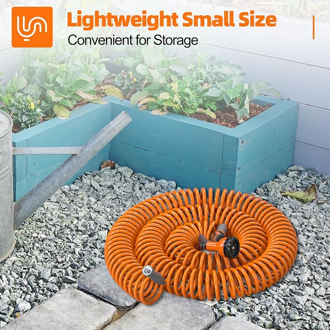 SPECILITE 3/8" Lightweight Coil Garden Hose 100 FT, EVA Flexible Water Hose | Curly Pipe with 6-Pattern Spray Nozzle for Outdoor, Boat, Greenhouse, Yard, Patio, Orange
