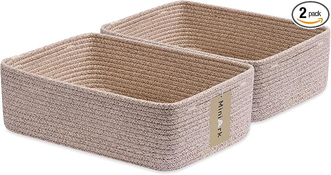 MiniArk Large Shallow Organizing Baskets 15x11x5.1 Inches - Rope Woven Storage Bins for Bathroom, Shelves, Cube Closet, Mixed Brown 2 Packs