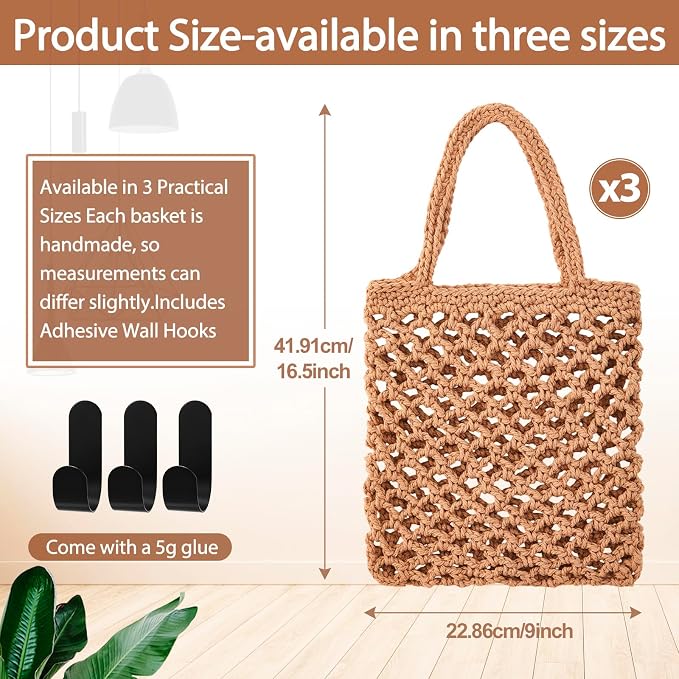 3 Hanging Baskets,Dark Brown,Mesh,Cotton Rope | Wicker Wall Baskets with Hooks for Fruit Vegetable Onion Storage, Teardrop Organizer for Kitchen, Boho Farmhouse Decor