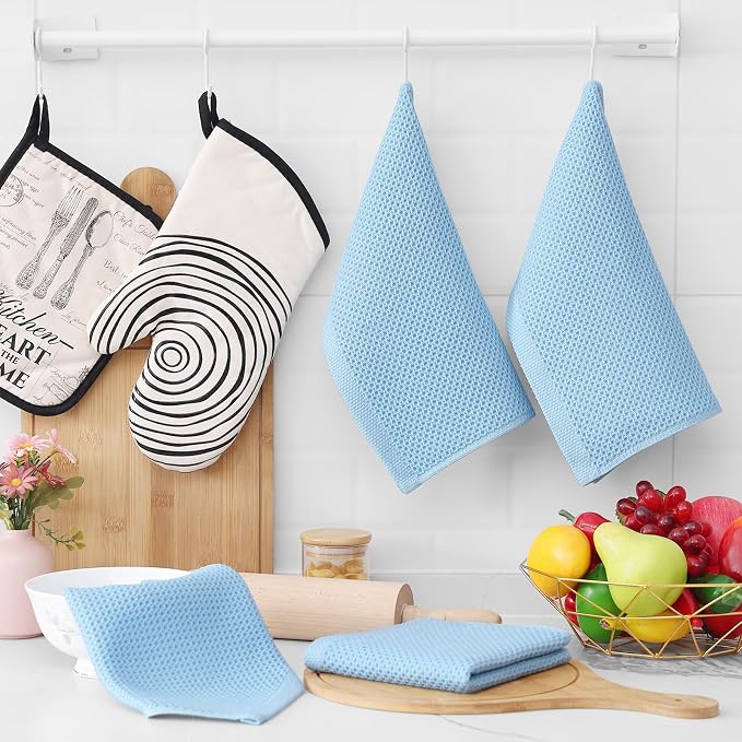 Homaxy 100% Cotton Waffle Weave Kitchen Dish Cloths 8-Pack, Sky Blue | 12 x 12 Inches, Ultra Soft Absorbent Dish Towels, Quick Drying Dish Rags with Hanging Loop