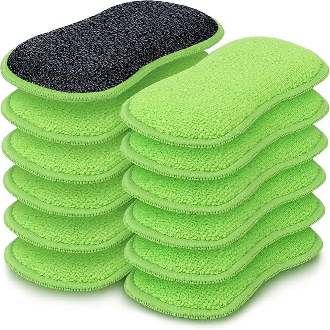 HOMEXCEL Dish Sponge 12 PK, Microfiber Kitchen Sponges for Cleaning, Green | Non Scratch Microfiber Sponges for Washing Dishes, Double-Sided Scrub Sponge for Pots, Pans, Glass